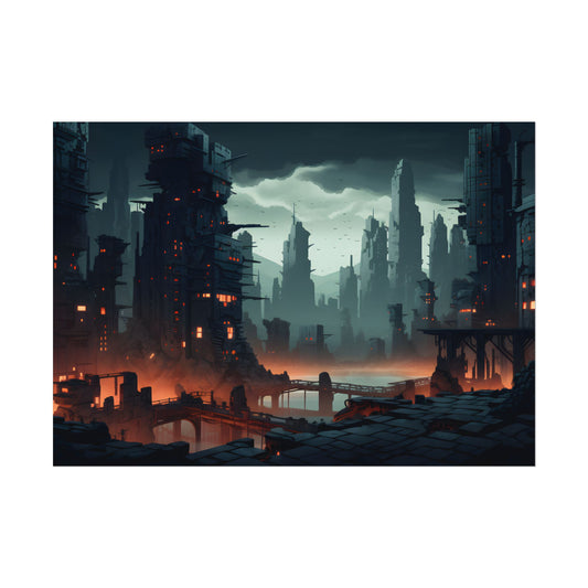 Burning Cyberpunk Cityscape: Nighttime Digital Art - Poster