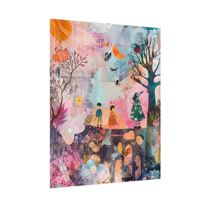 Colorful Whimsy: Blue Fish, Yellow Bird, Pink Cat Art Collage - Poster