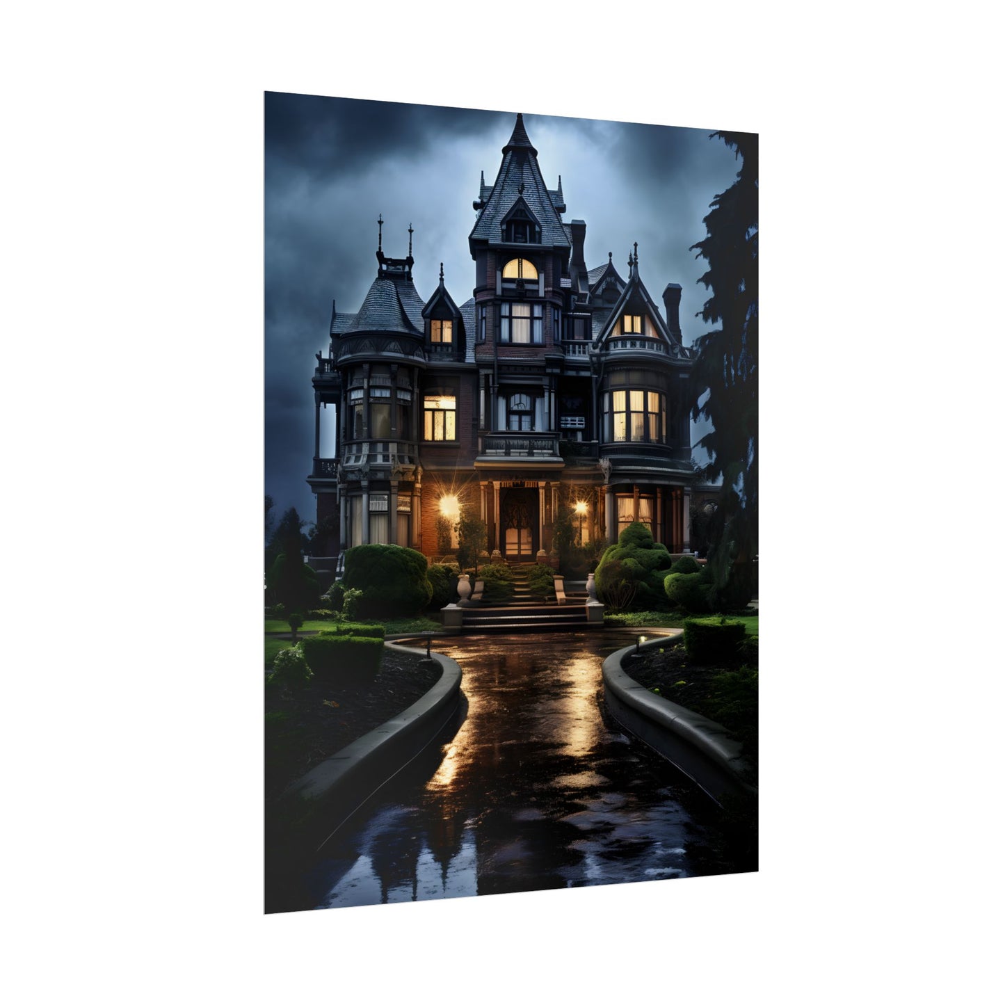 Haunted Victorian Mansion: Spooky Stormy Night Art - Poster