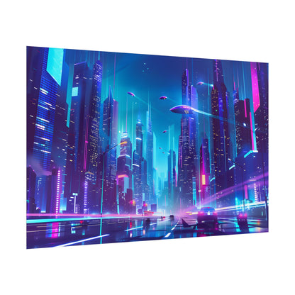 Futuristic Neon City: Towering Skyscrapers in a Vibrant Nighttime Sky - Poster