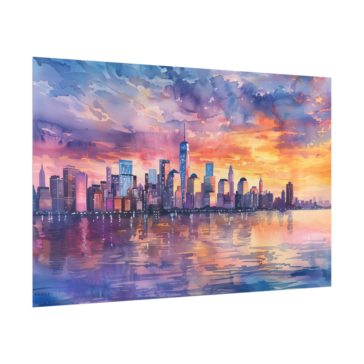 Serene NYC Sunset: Watercolor Skyline Reflections - Poster