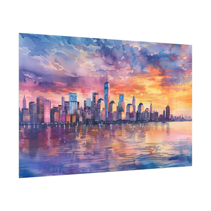 Serene NYC Sunset: Watercolor Skyline Reflections - Poster