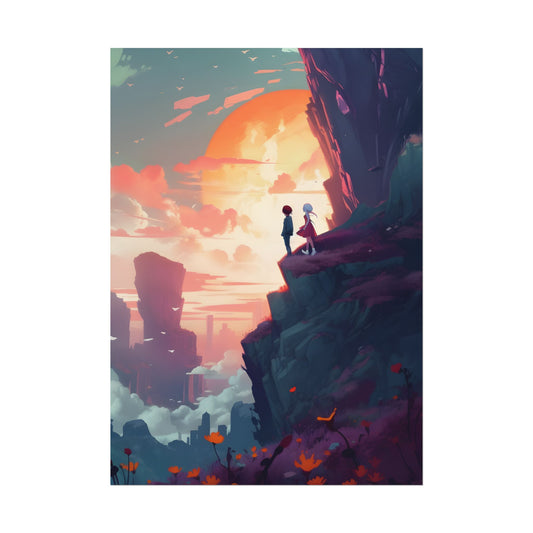 Serene Hilltop: Girl and Boy in Nature's Embrace - Poster