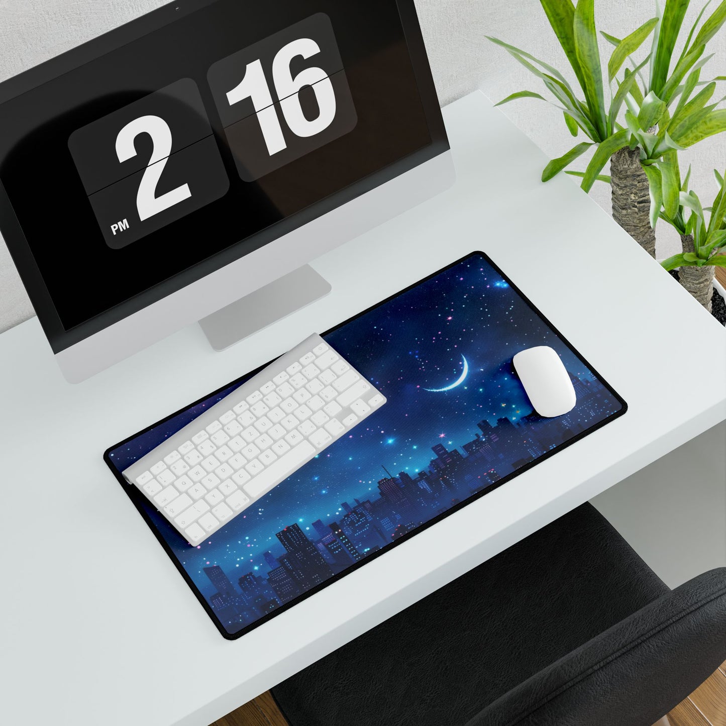 Dark Blue Dreams: A Starry Night Sky with Crescent Moon - Desk Mat