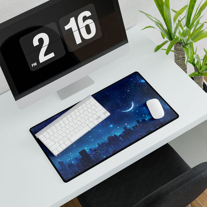 Dark Blue Dreams: A Starry Night Sky with Crescent Moon - Desk Mat