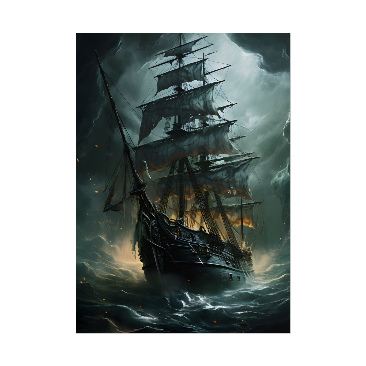 Ghostly Pirate Ship: Sailing Solo in Eerie Blue Skies - Poster