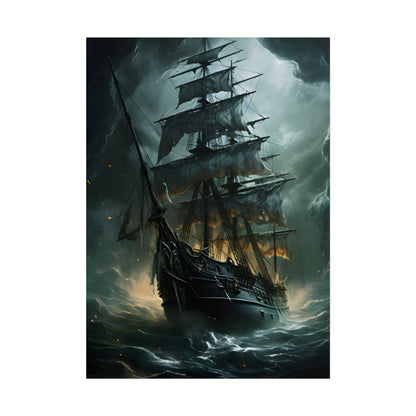 Ghostly Pirate Ship: Sailing Solo in Eerie Blue Skies - Poster