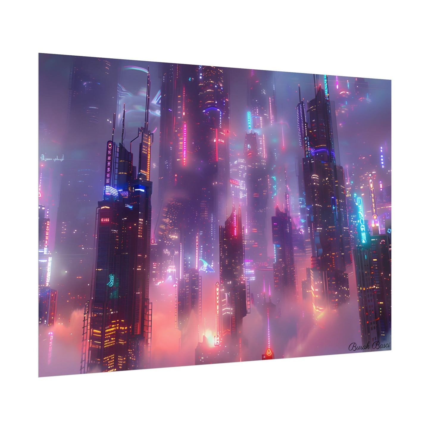 Neon Futuristic Cityscape: Graphic Modern Art - Poster