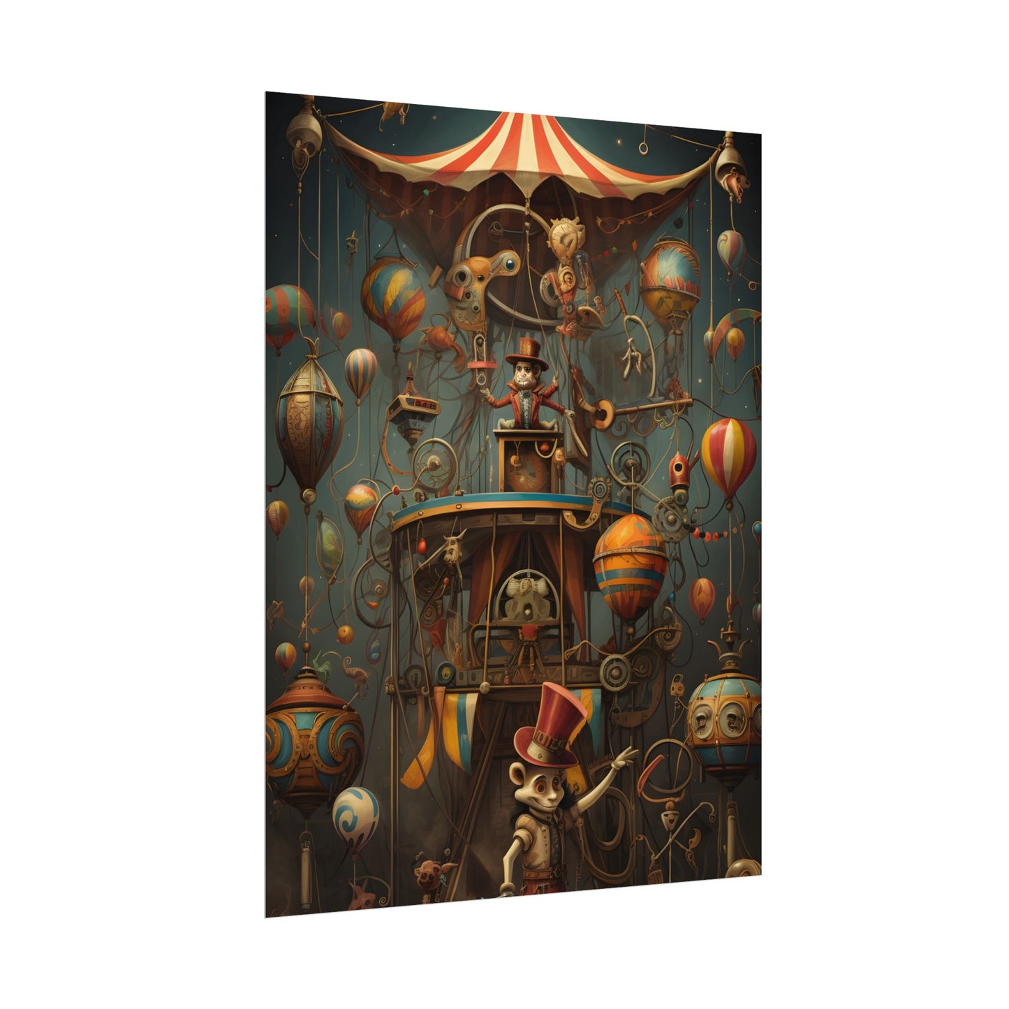 Whimsical Clockwork Circus: Fantastical Wooden Horse in Steampunk Dreamscape - Poster