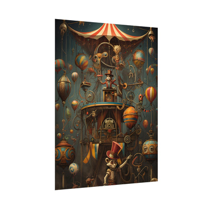 Whimsical Clockwork Circus: Fantastical Wooden Horse in Steampunk Dreamscape - Poster