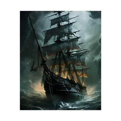Ghostly Pirate Ship: Sailing Solo in Eerie Blue Skies - Poster