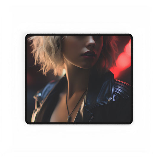 Cyberpunk Blonde: Closeup Portrait in Neon Hues - Desk Mat