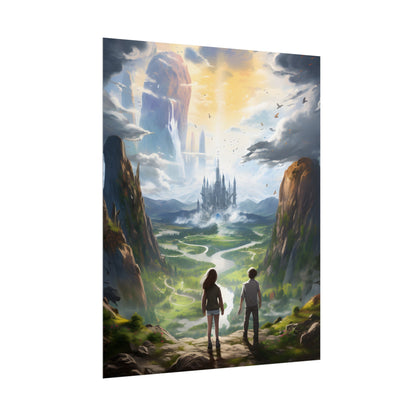 Girl and Boy in Serene Meadow: A Moment on Cloudy Hill - Poster