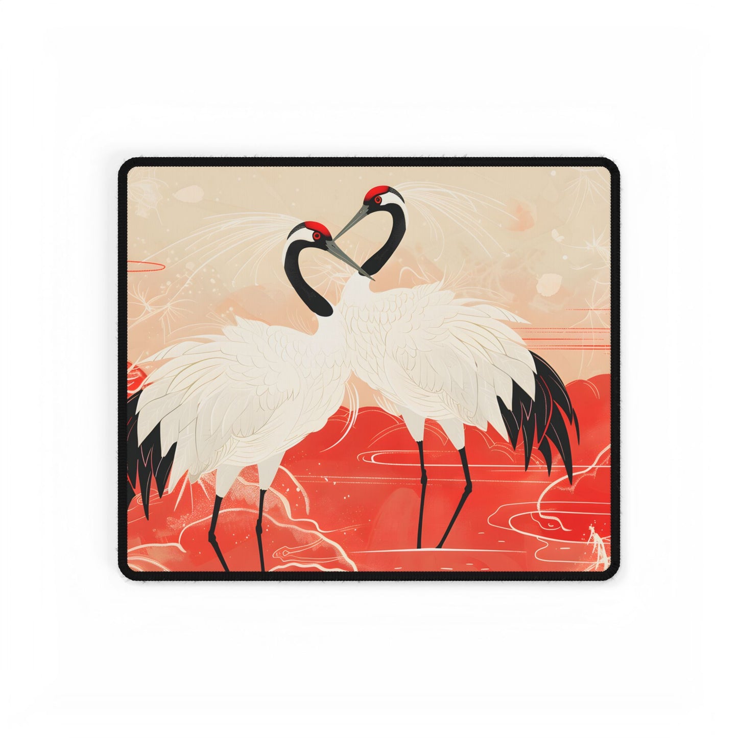 Serene Nature: Two Cranes Amidst Red and Green Landscape Art - Desk Mat