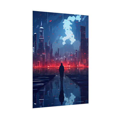 Cyberpunk Night Cityscape: A Melancholic Moment - Poster