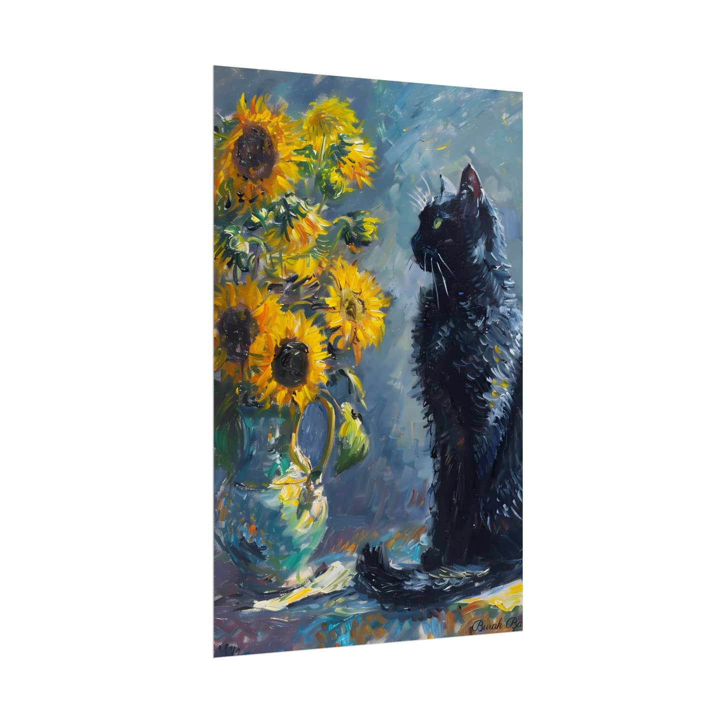 Whimsical Black Cat by Sunflowers: Serene Garden Art - Poster