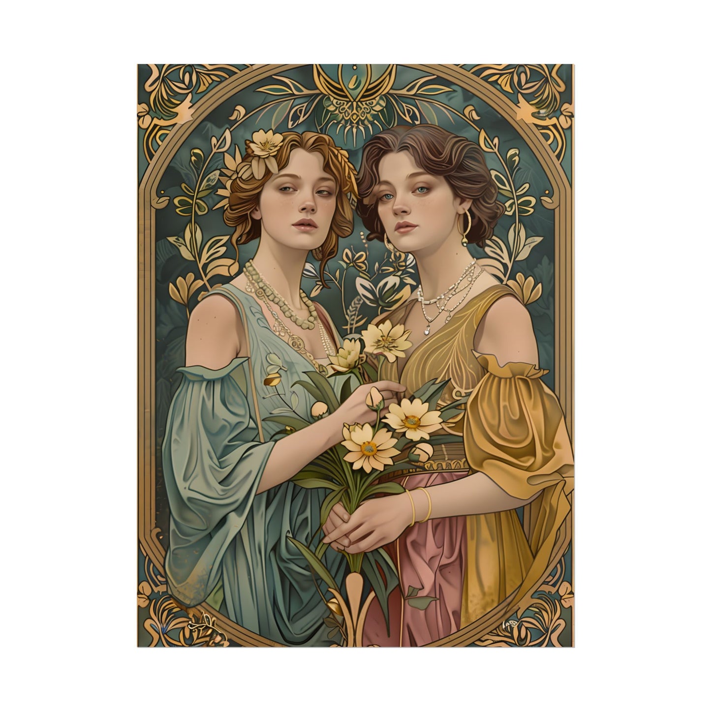 Two Women in Ornate Attire Holding Primr: Traditional Turkish Artwork - Poster