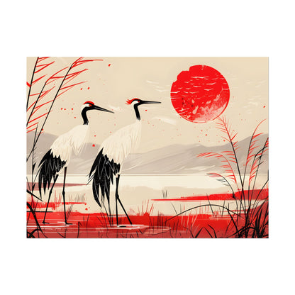 Peaceful Cranes in Serene Nature: Landscape Artwork - Poster