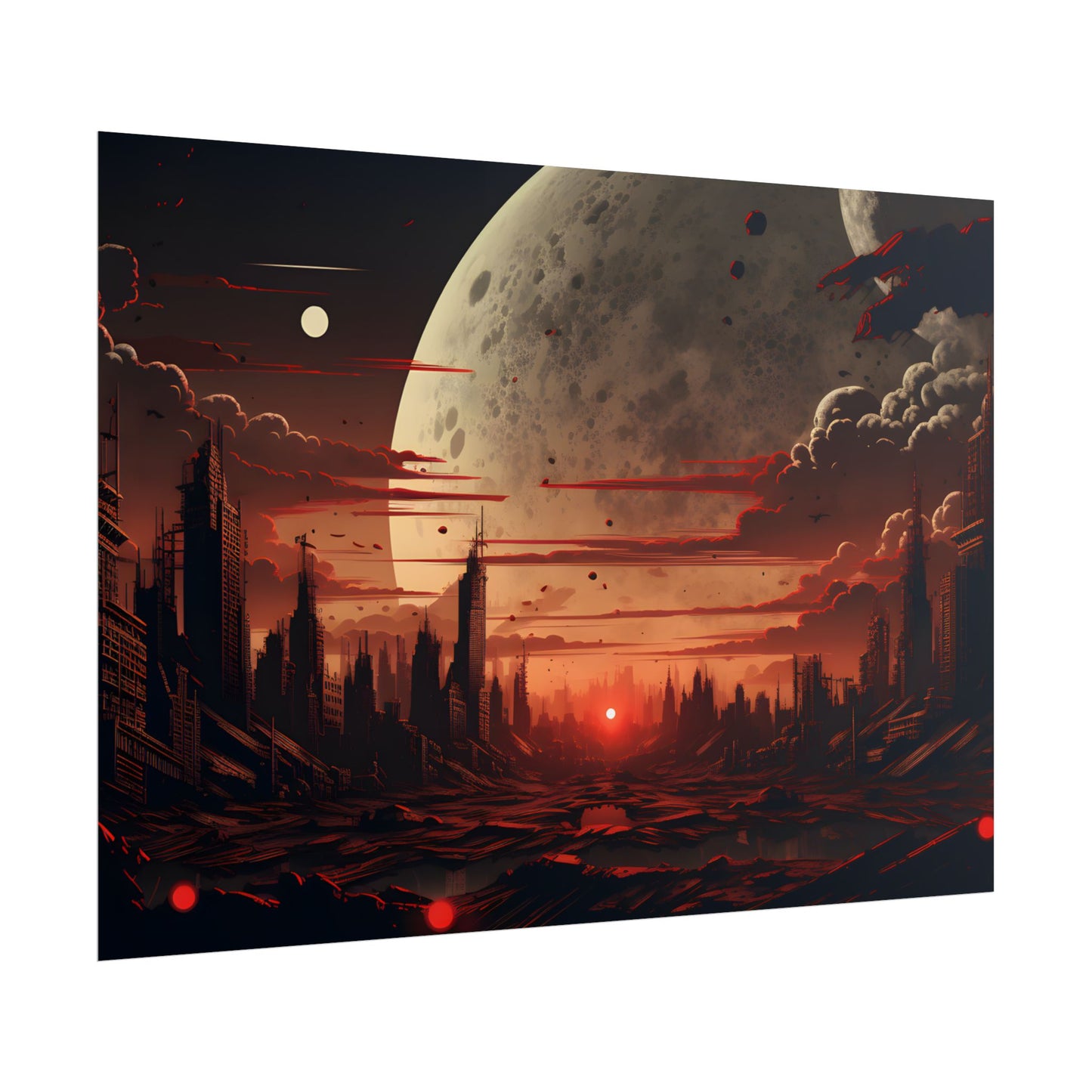 Landscape at Night: Burning Cyberpunk Neon Lights - Poster