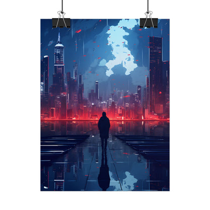 Cyberpunk Night Cityscape: A Melancholic Moment - Poster
