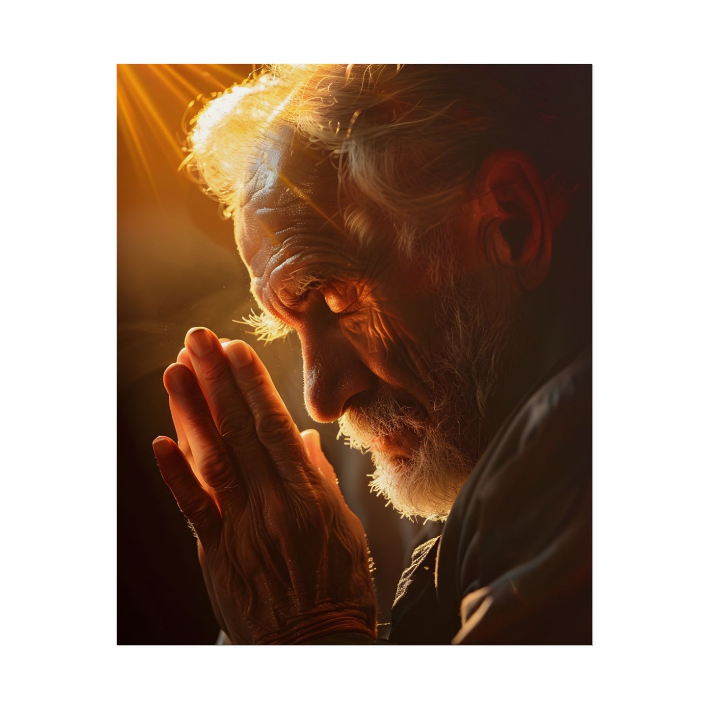 Serenity in Prayer: Elderly Man's Quiet Moment - Poster