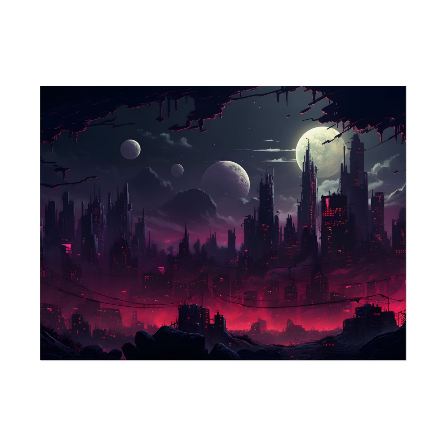 Burning Cyberpunk Cityscape at Night: Digital Art - Poster