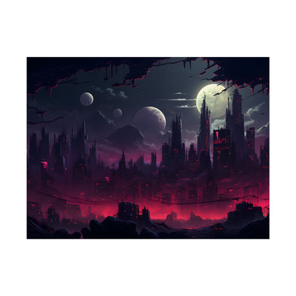 Burning Cyberpunk Cityscape at Night: Digital Art - Poster