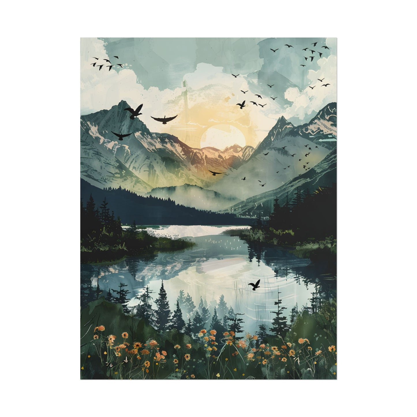 Serene Mountain Lake: Birds in Flight - Natural Art - Poster