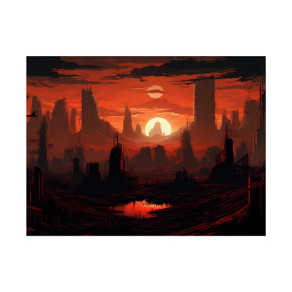 Cyberpunk Nighttime Cityscape: Burning City Digital Art - Poster