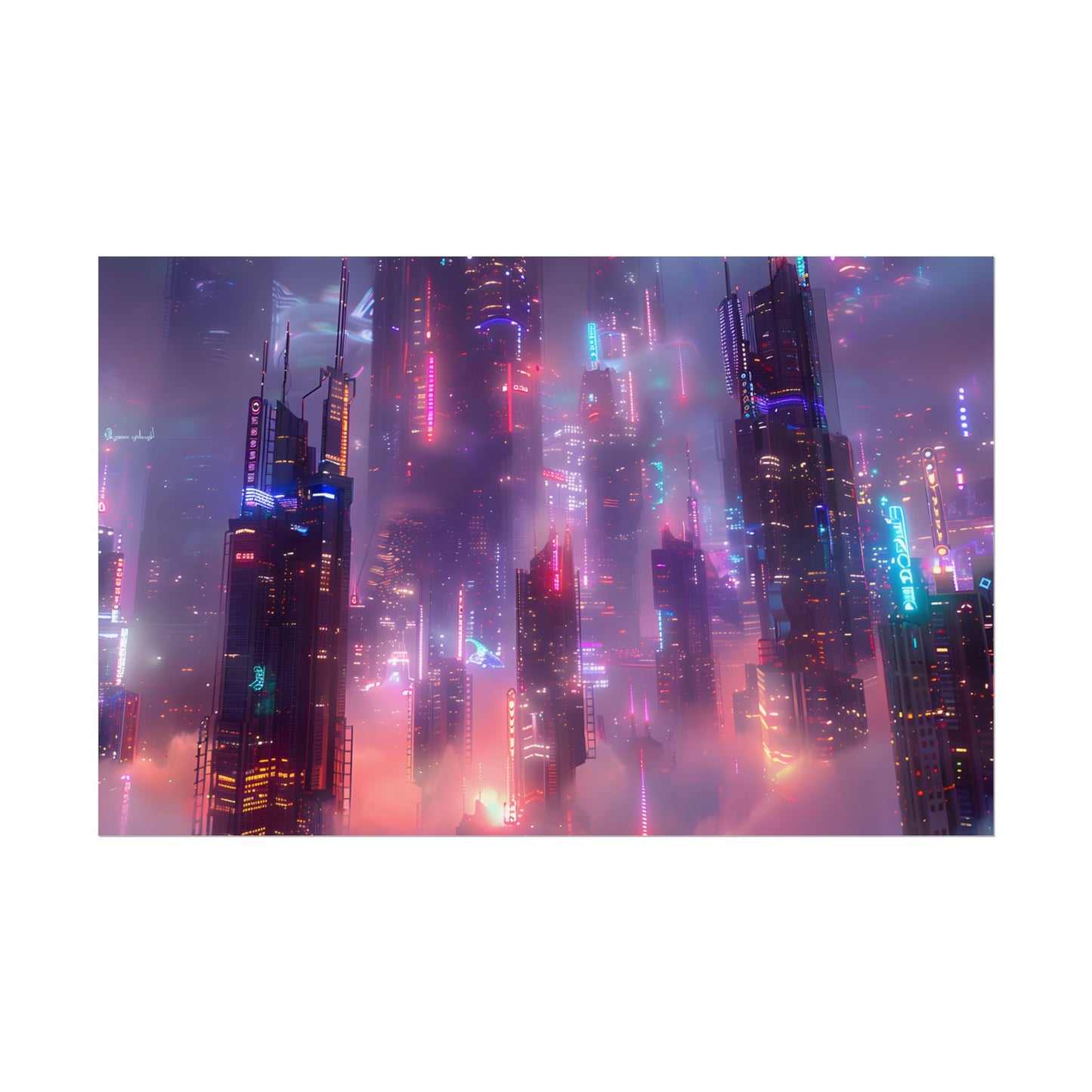 Neon Futuristic Cityscape: Graphic Modern Art - Poster