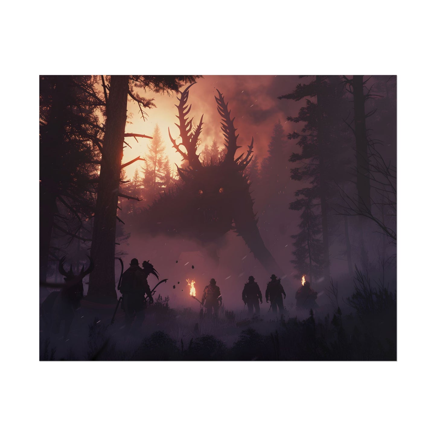 Serene Forest Sunset: Group Walking Through Misty Landscape - Poster