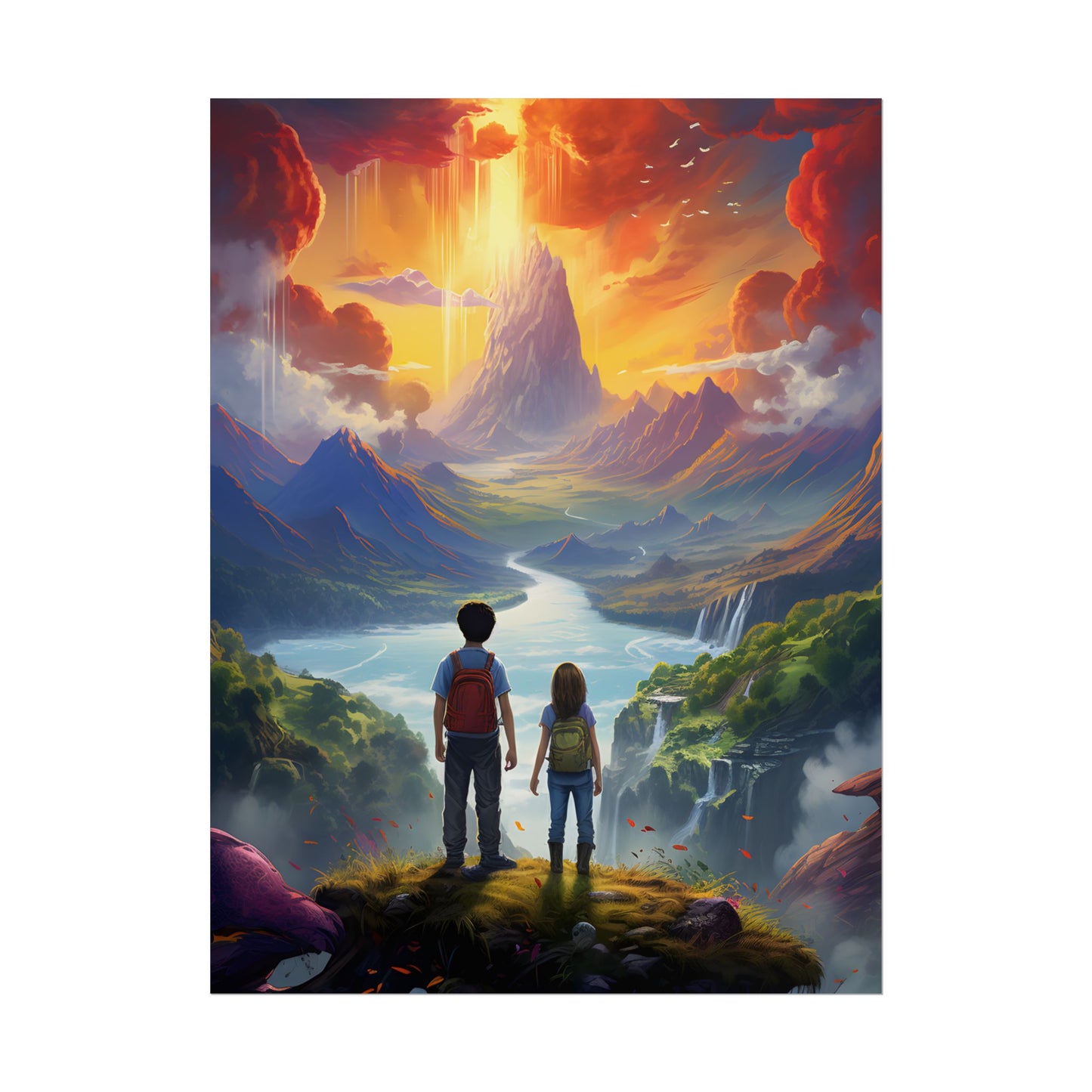 Girl, Boy, Meadow: A Peaceful Cloudy Day Artwork - Poster