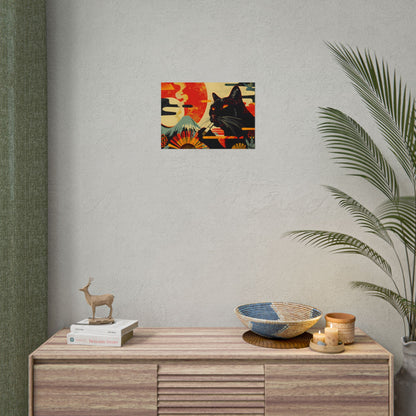 Whimsical Cat Smoking: Red & White Stripe Artwork - Poster