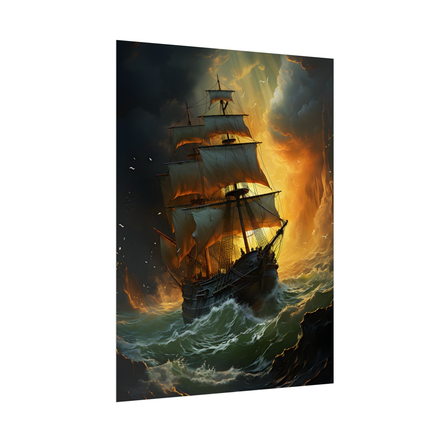 Mostly Green Seascape: Magnificent Oil Painting of a Ship - Poster