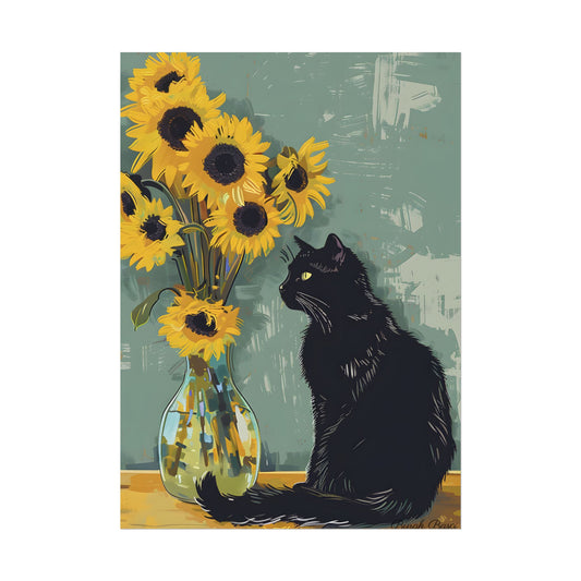 Whispers in the Sun: A Black Cat's Serene Moment with Sunflowers - Poster