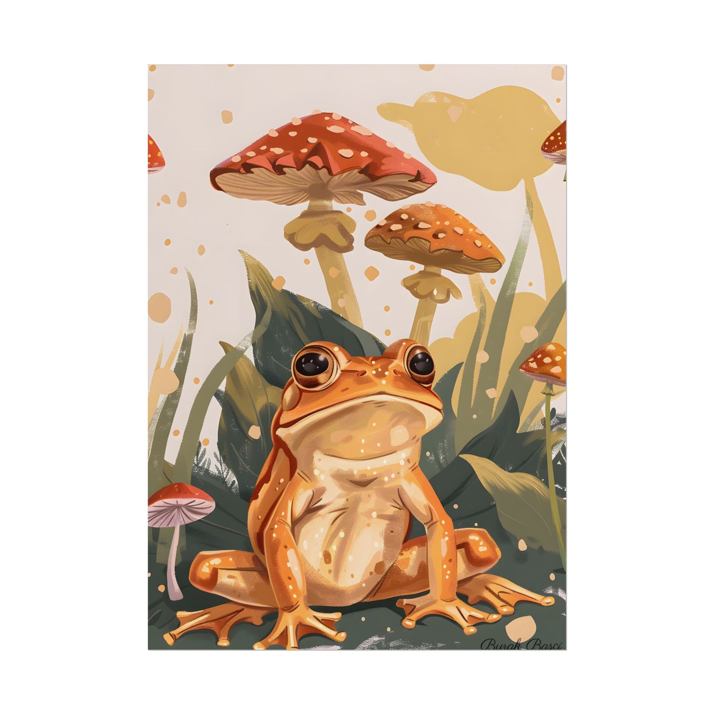 Retro Frog's Smile: Colorful Mushroom Illustration - Poster