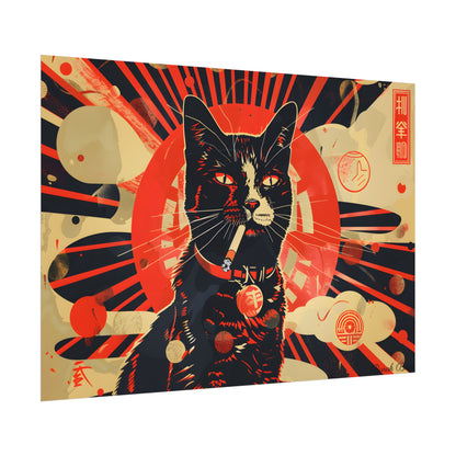 Vintage Whimsy: Cat Smokes Cigarette on Blue Background - Poster
