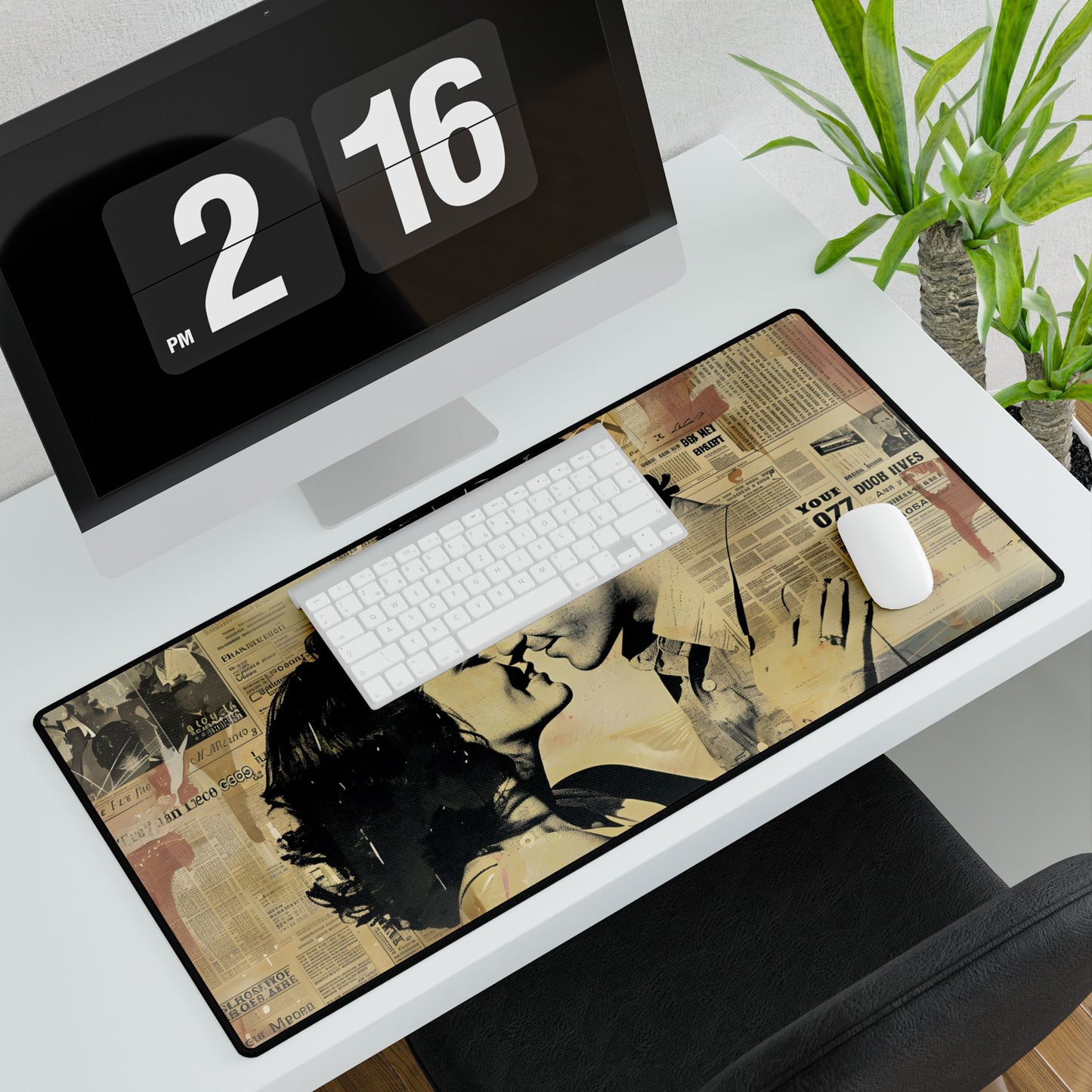 Retro Vintage Romance: Couples Newsprint Artwork - Desk Mat
