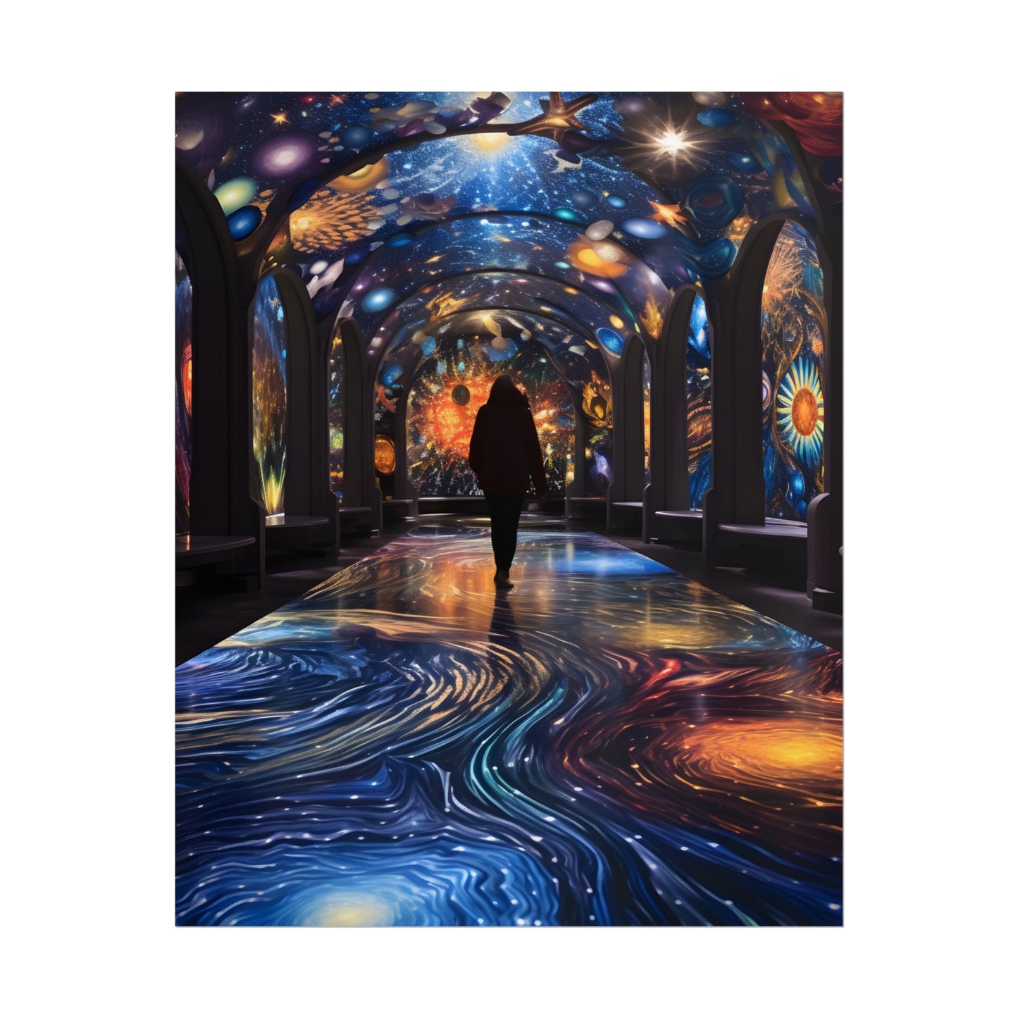 Celestial Art Gallery: Vibrant Space-Themed Artwork in a Colorful Interior - Poster