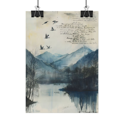 Nature's Serenity: Mountain Lake Birds in Flight Artwork - Poster