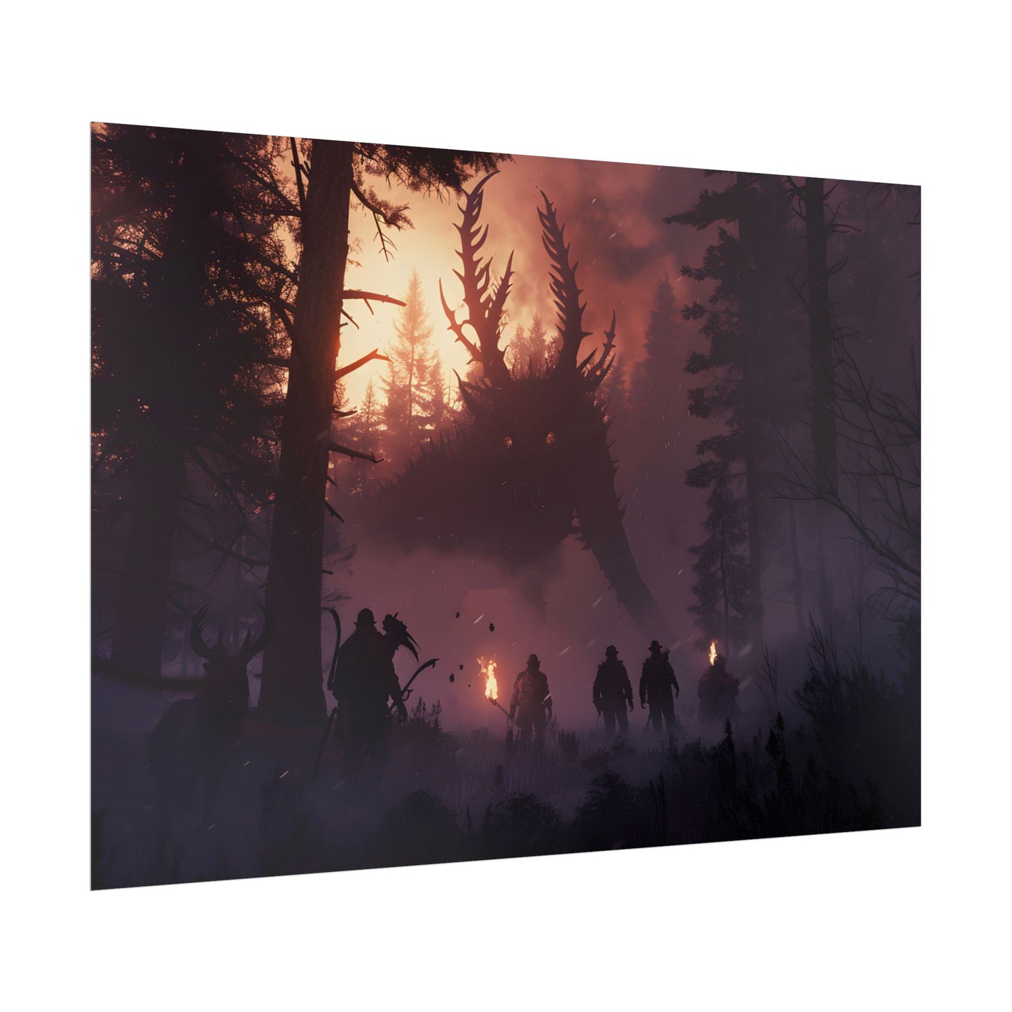Serene Forest Sunset: Group Walking Through Misty Landscape - Poster