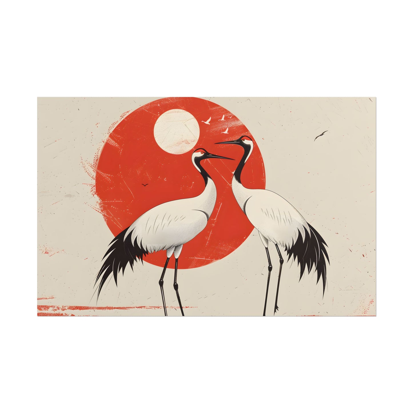 Serene Wildlife Sanctuary: Cranes in Red Nature Scene Art - Poster
