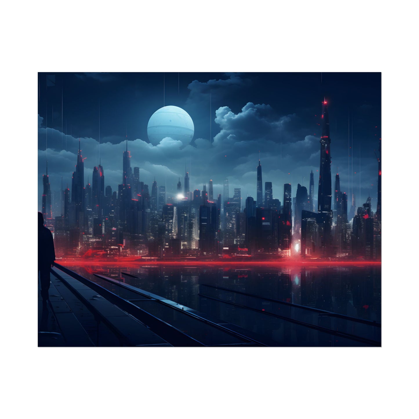 Melancholic Night: A Solo Figure in Cyberpunk Cityscape - Poster