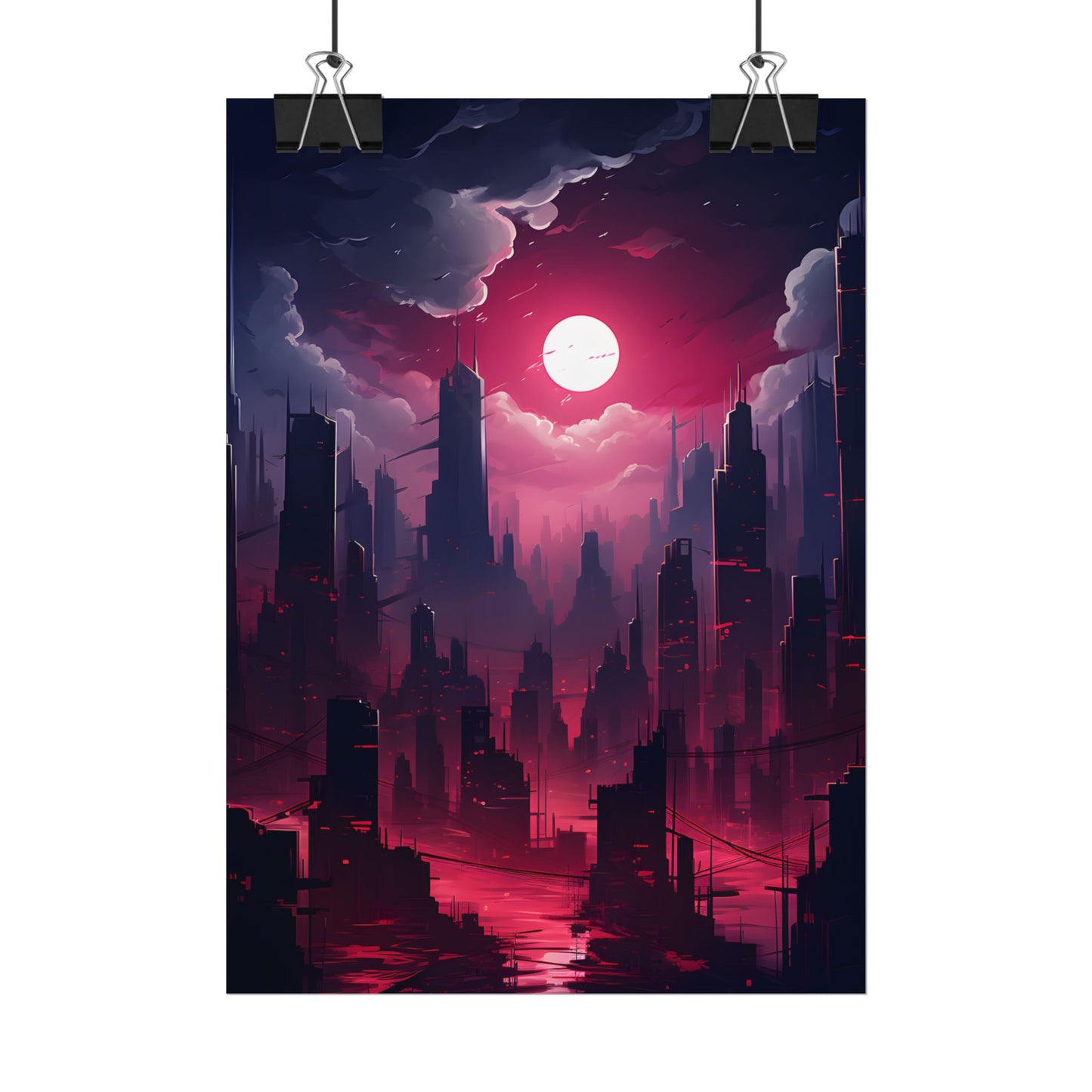 Burning Cyberpunk Cityscape: Digital Artwork at Night - Poster