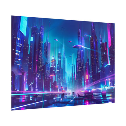 Futuristic Neon City: Towering Skyscrapers in a Vibrant Nighttime Sky - Poster