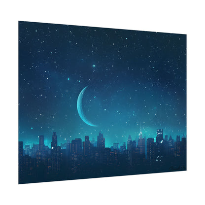 Starry Night Sky: Tranquil Dark Blue Scene with Crescent Moon - Poster