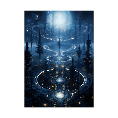 Aetherial Space Station: Galactic Hub in Vibrant Blue Nebula - Poster