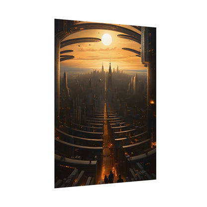 Dystopian Utopia: Futuristic Cityscape with Dark Facade - Poster