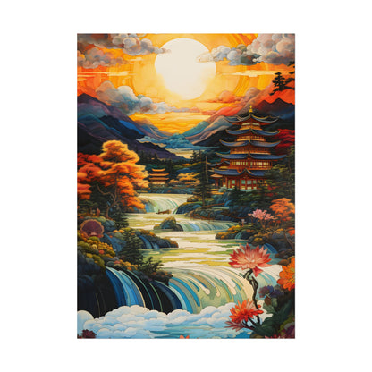 Peaceful Japanese River Landscape with Flowers: Serene Artwork - Poster