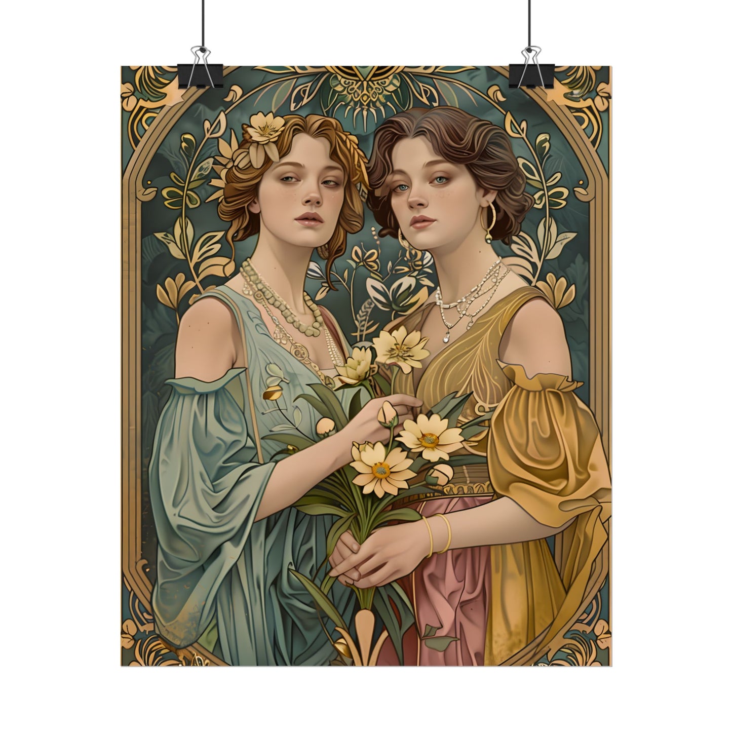 Two Women in Ornate Attire Holding Primr: Traditional Turkish Artwork - Poster